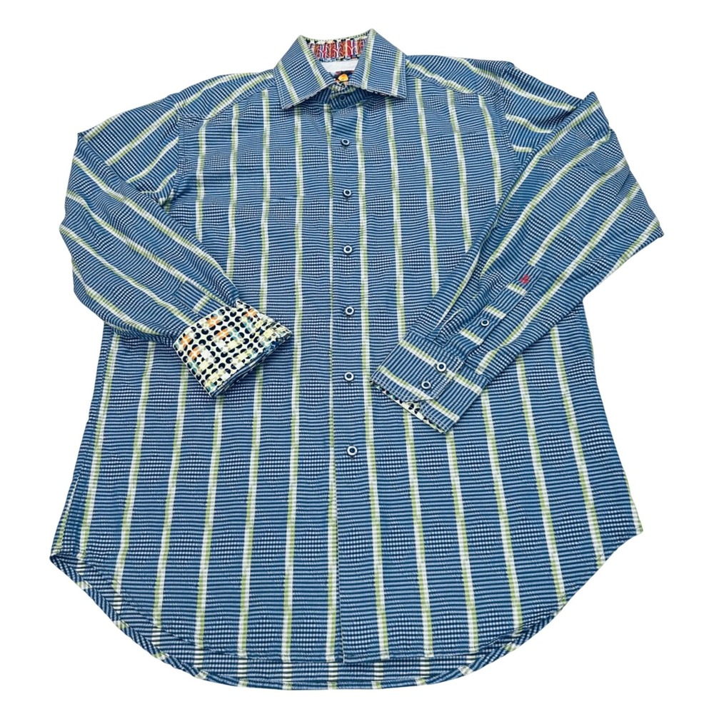 Robert Graham Shirt Mens Small Blue Green Stripe Flip Cuff Button Down Contrast